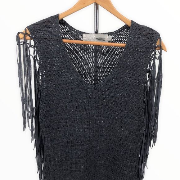 Miilla Grey Knit Fringe Sleeve Cover Up Mini Dress - Picture 2 of 11
